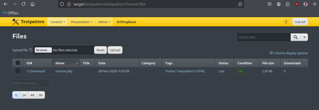 Textpattern reverse shell upload